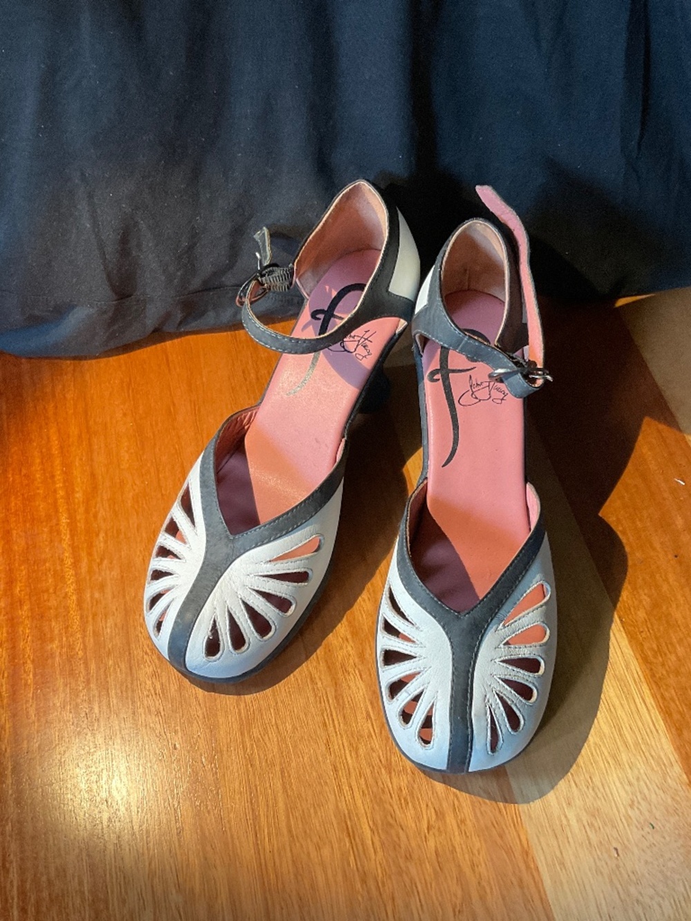 John Fluevog black and white strap heels size 7.5